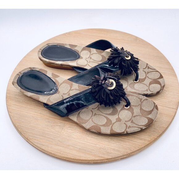 Coach Suki Fringe Sandals Womens 9.5 Black Patent Leather Flip Flop Rhinestone - Picture 1 of 12